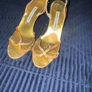Manolo Blahnik Gold Leather Slingback Heels with Crystal Cross Accent